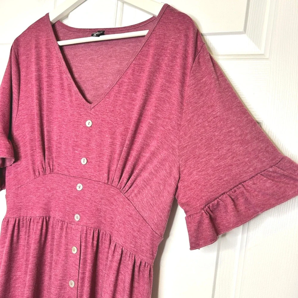 Allegra K V Neck Button Front Ruffle Sleeve‎ Midi Dress Fuchsia XL